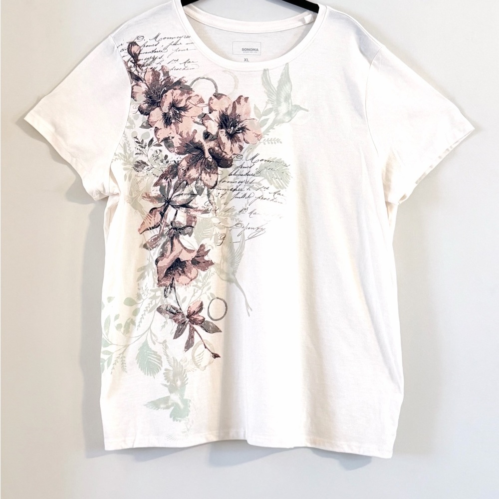 Sonoma Cream Short Sleeve Scripture Tee with Pink Floral and Sage Print Size XL